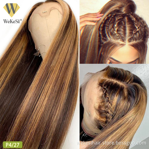 Customized Texture Long 40 Inches Honey Brown Highlight Color Cuticle Aligned Hair HD Lace Front Wigs